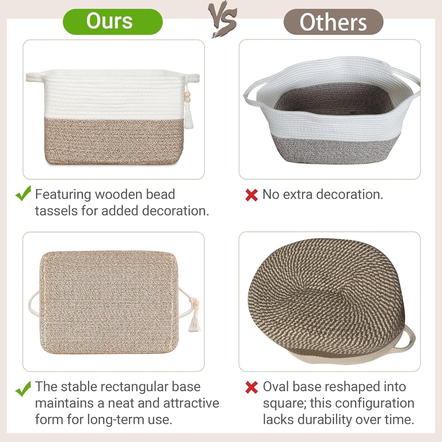 Mkono Woven Storage Basket - Cube Cotton Rope Organizer for Toys, Clothes & Towels | 13" x 10" x 9", Brown & White