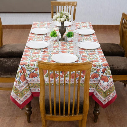 72x72 Inches Square Hand Block Printed Cotton Tablecloth - Red, Yellow Floral, Indian Table Linen