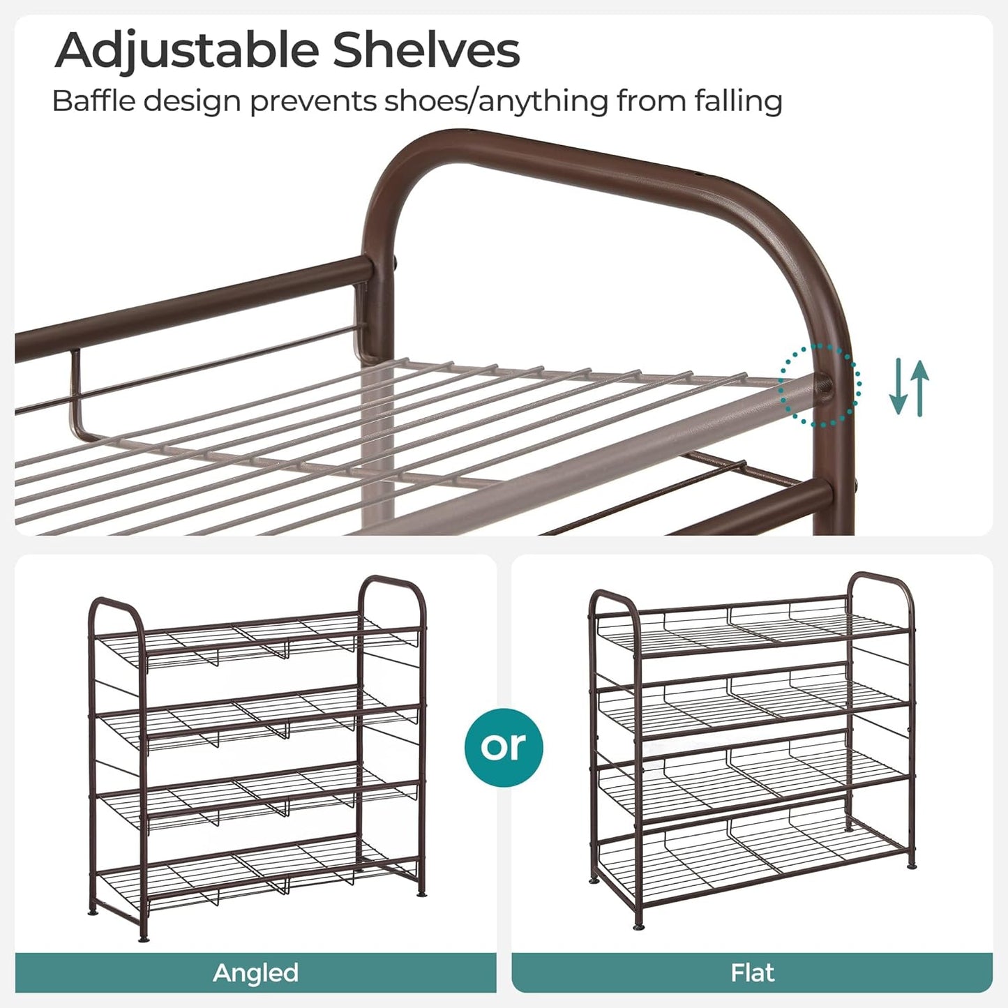 SONGMICS 4-Tier Metal Shoe Rack - Adjustable Slanted Shelves, Holds 16 Pairs, Bronze Finish for Small Spaces