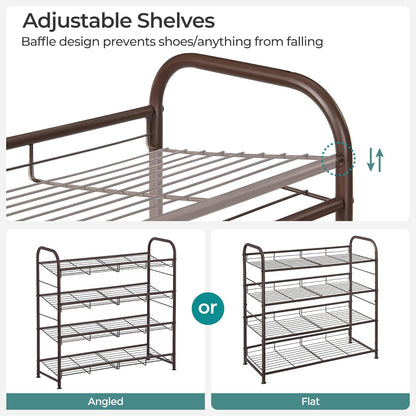 SONGMICS 4-Tier Metal Shoe Rack - Adjustable Slanted Shelves, Holds 16 Pairs, Bronze Finish for Small Spaces