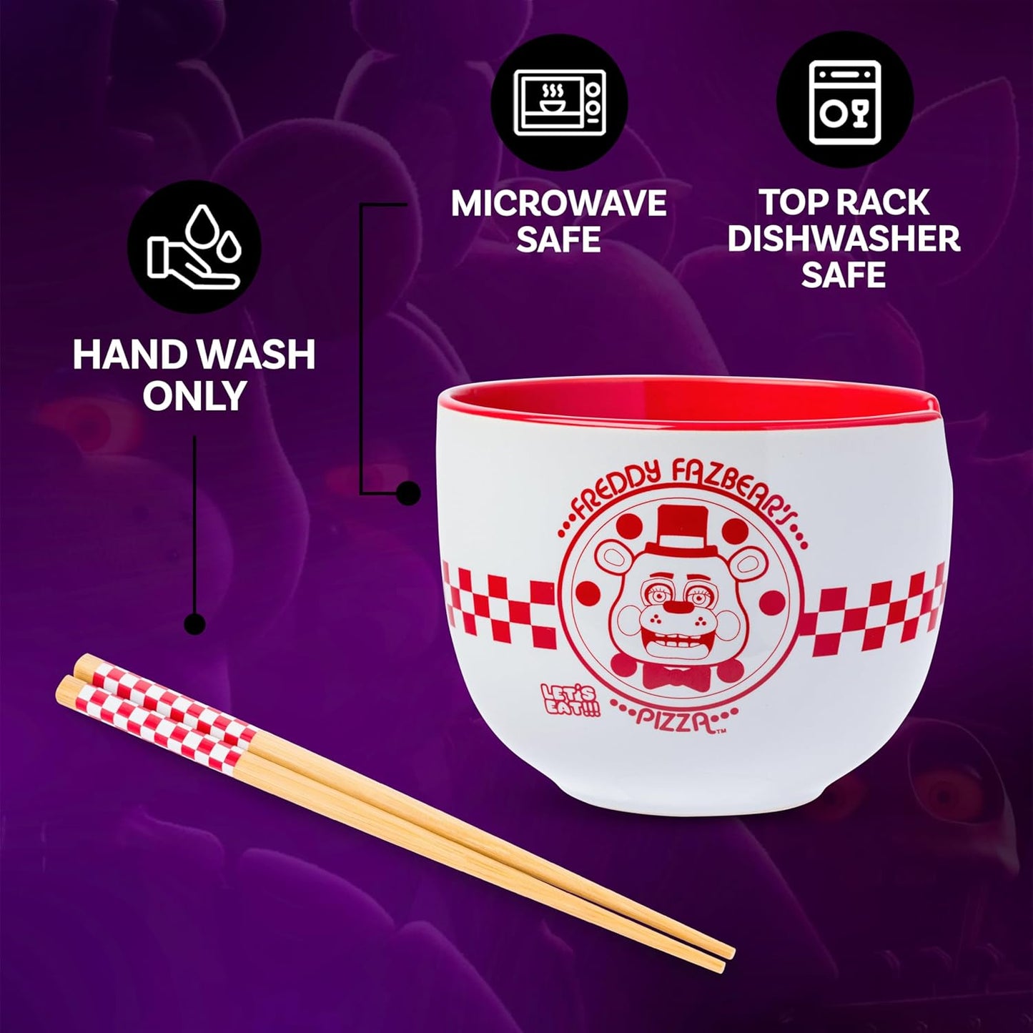 Silver Buffalo Five Nights at Freddy's Ramen Noodle Bowl - 20 Oz Ceramic with Chopsticks, Microwave Safe