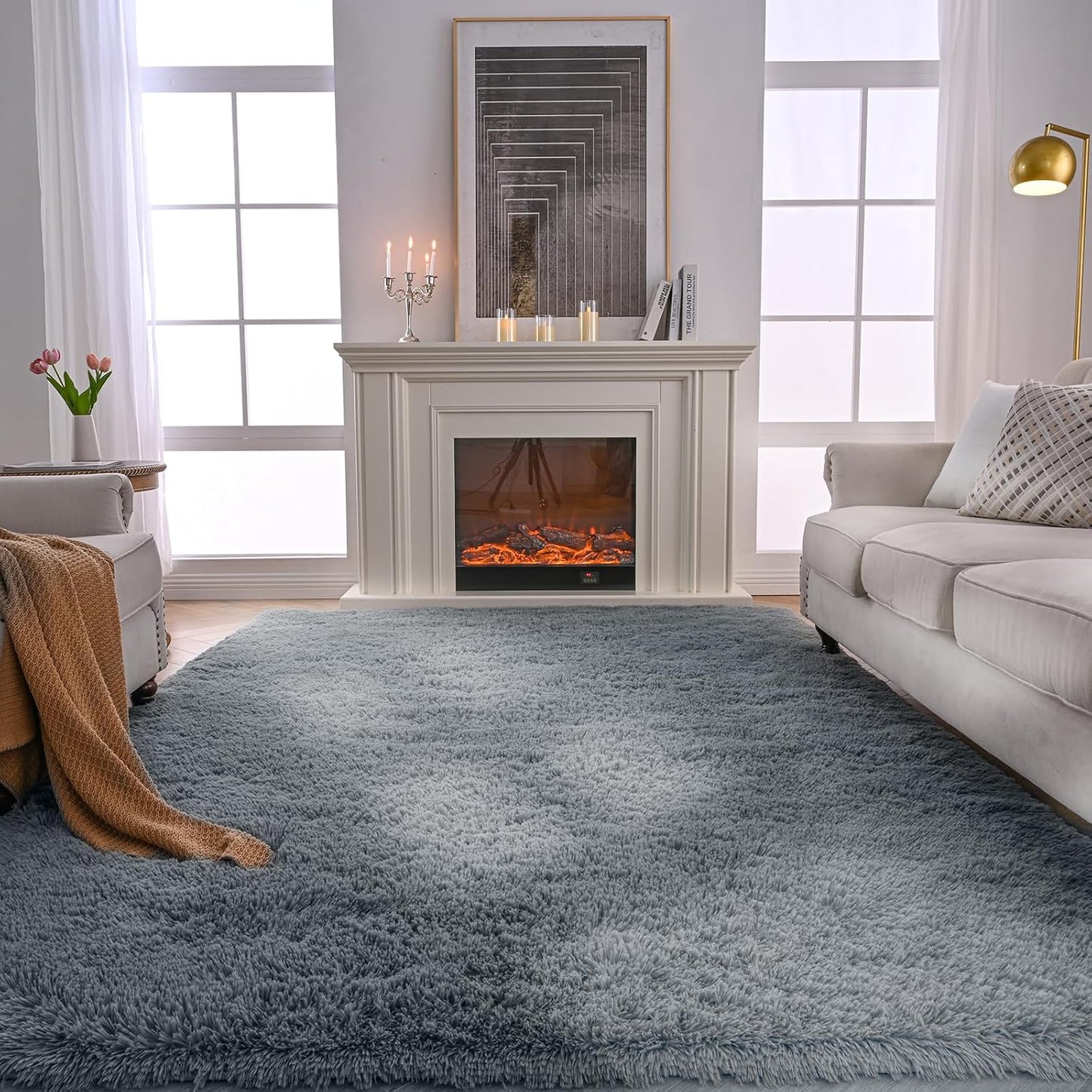 Skiennix Fluffy Area Rug - Soft Grey Shag Carpet for Bedroom & Living Room | 5x7 Plush Design