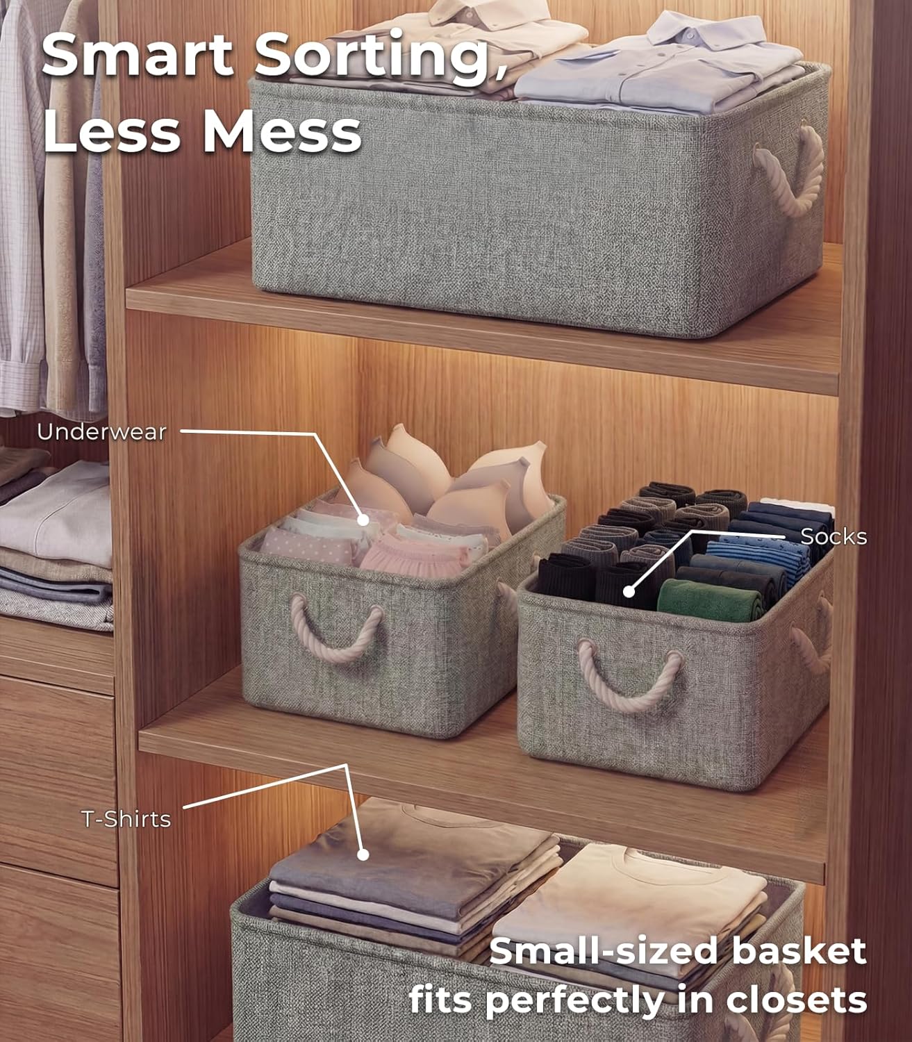 TheWarmHome Storage Bins - Grey Fabric Organizing Baskets | 11.8x7.9x5.2 Inch Closet Cubes