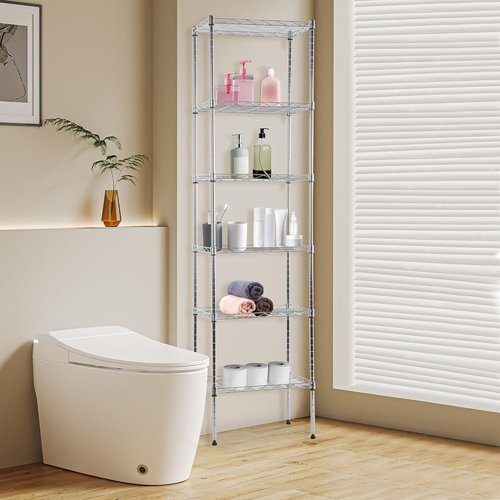 BestOffice | 6-Tier Wire Storage Shelves | Heavy-Duty Metal | 17x12x64 | Chrome Finish | Easy No-Tool Assembly