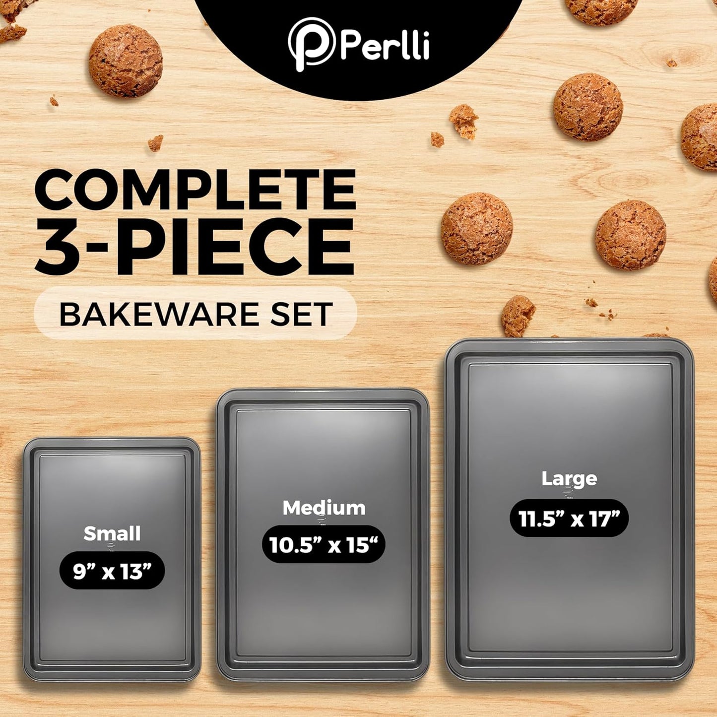 PERLLI Non-Stick Baking Pan Set | 3-Piece Carbon Steel with Even Heat Distribution, Oven Safe to 446°F, BPA-Free, Gray