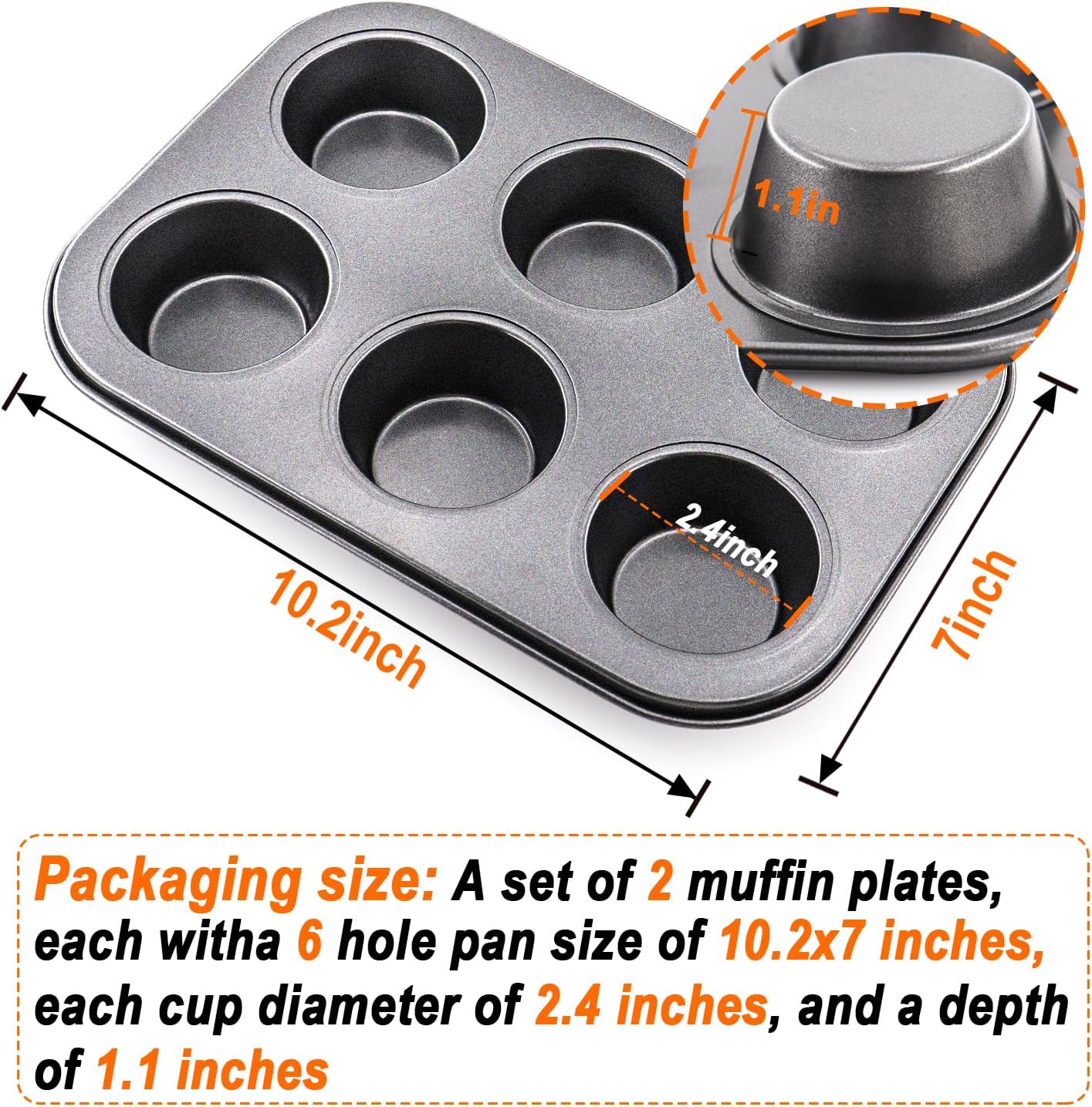 Premium Steel Muffin Pan by [Brand Name] - 2 Pack Round Bakeware for Cupcakes & Cheesecakes | 6 Cups, Black