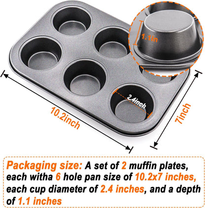 Premium Steel Muffin Pan by [Brand Name] - 2 Pack Round Bakeware for Cupcakes & Cheesecakes | 6 Cups, Black