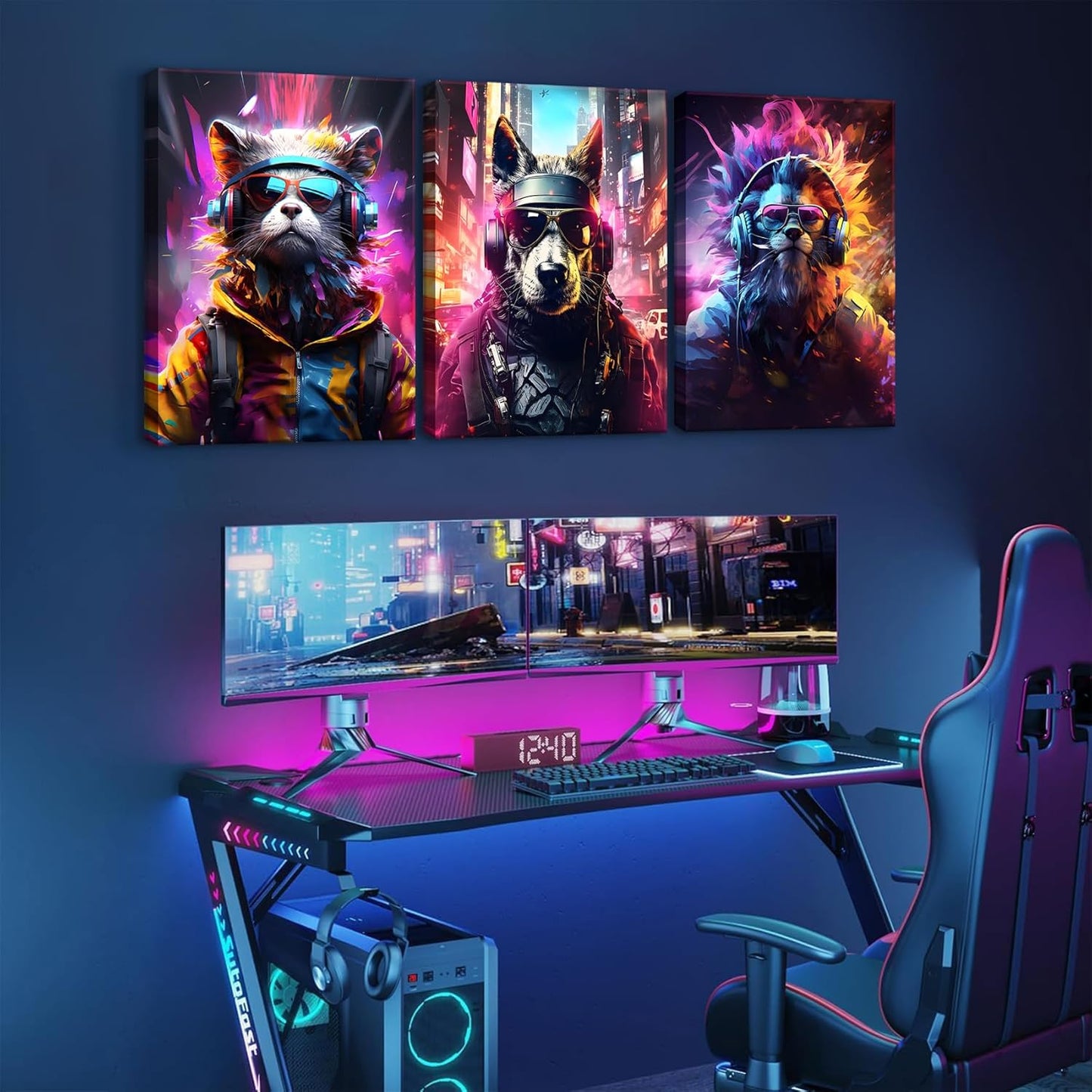 QGNBGBJ Framed Gaming Posters - Colorful Graffiti Animal Wall Art for Gamers | 12x16in Canvas Prints