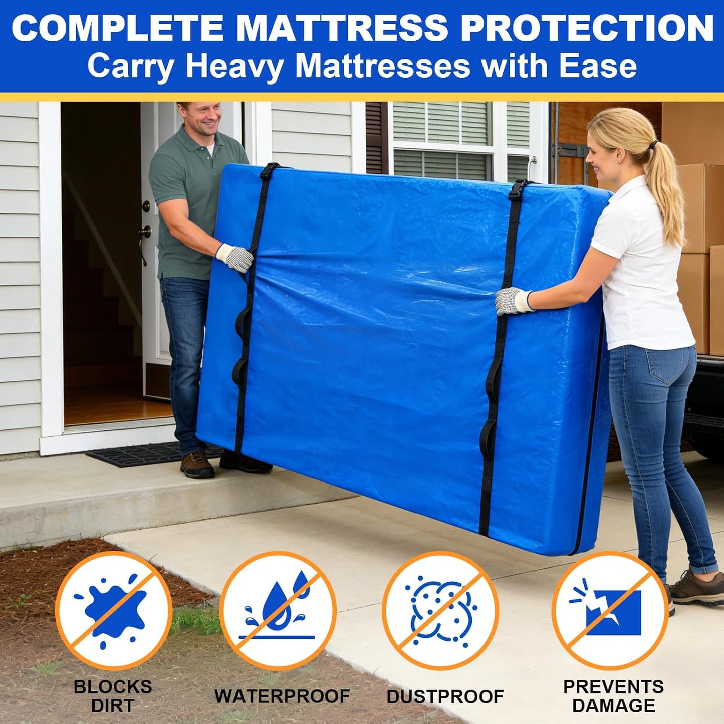 TICONN King Mattress Bag - Heavy Duty Moving Cover with Full-Around Handle & Adjustable Buckles | Blue