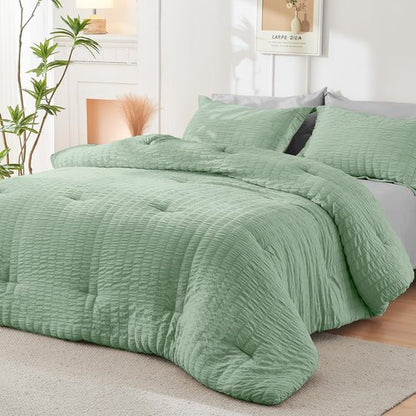 HYMOKEGE Sage Green/Light Grey Full Size Comforter Sets Seersucker 7 Pieces, All Season Luxury Bed in a Bag for Bedroom, Bedding Set with Comforter, Sheets, Pillowcases & Shams