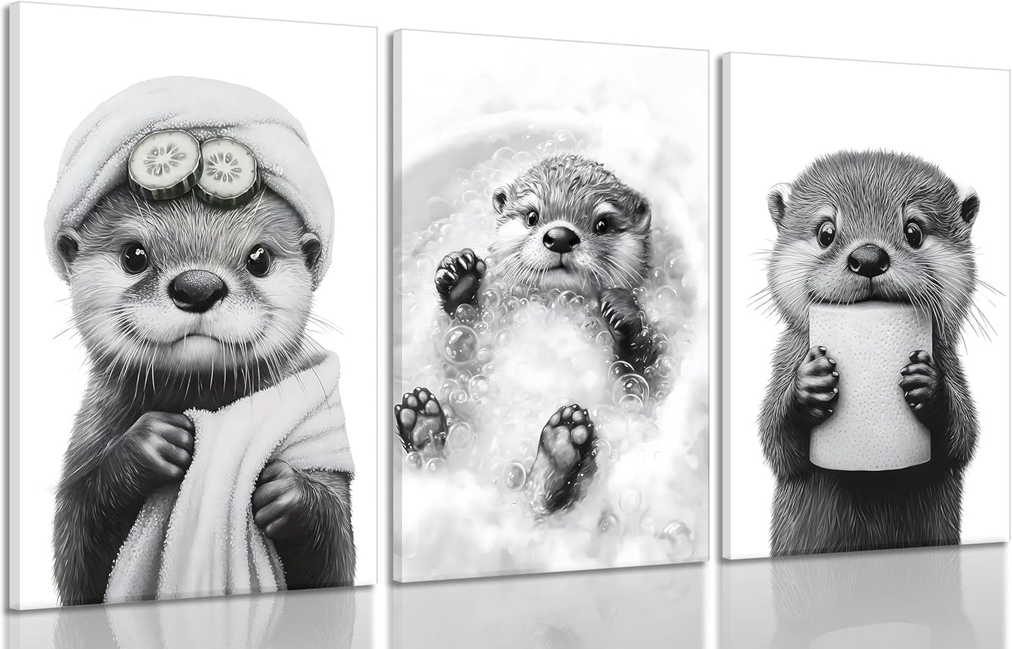 Skiennix Cute Otter Canvas Wall Art - Funny Black and White Bathroom Decor | 3-Piece Set