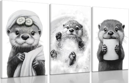 Skiennix Cute Otter Canvas Wall Art - Funny Black and White Bathroom Decor | 3-Piece Set