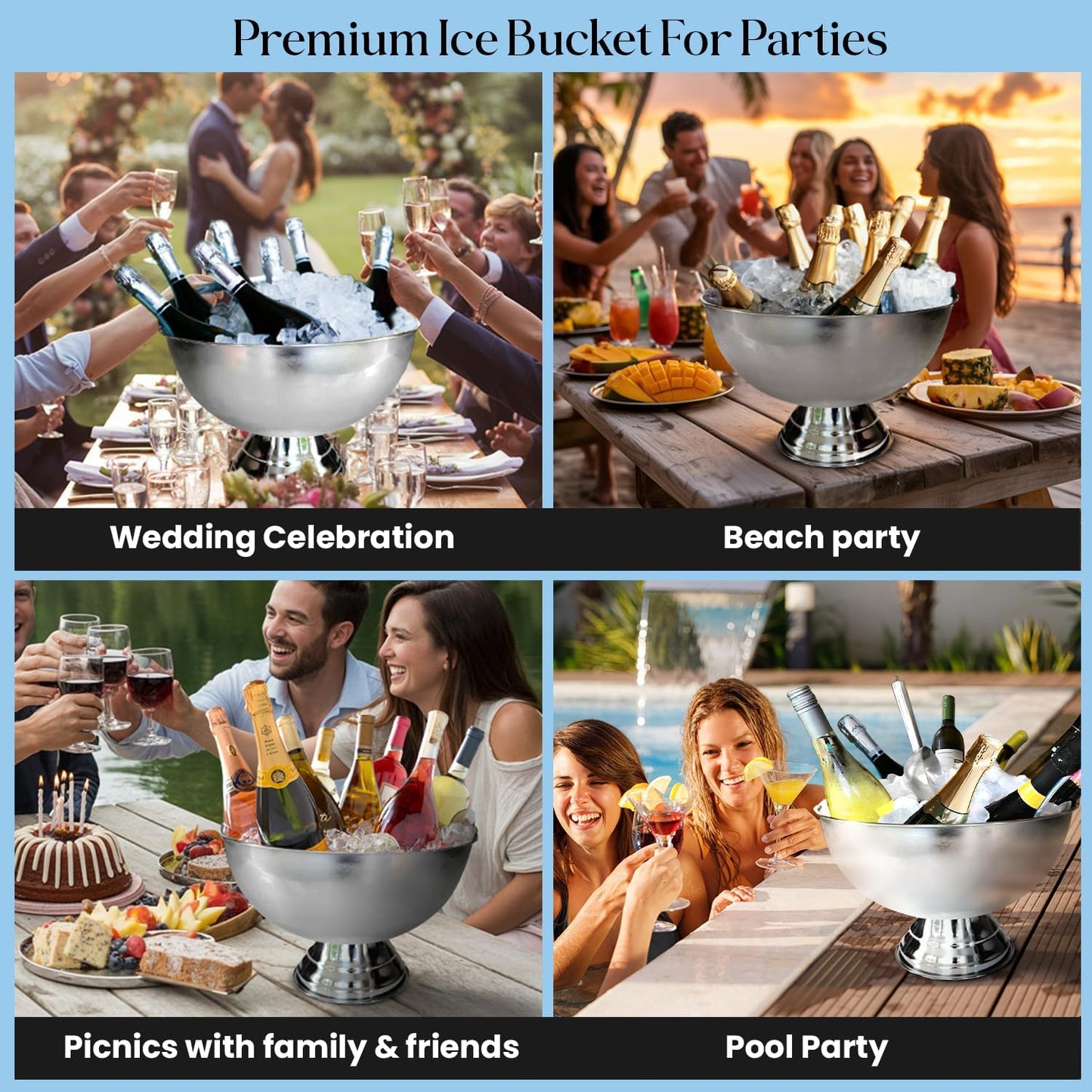 Premium 12L Large Ice Bucket for Parties – 16"x16"x10" Silver Stainless Steel Beverage Tub with Scoop – Insulated Ice Bucket for Cocktail Bar, Beers & Champagnes – 1.77kg Drink Bucket for Celebrations