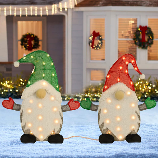 Waterglide Lighted Christmas Tinsel Gnomes - 24 Inch Pre-Lit 2D Stacked Holiday Decorations | Indoor/Outdoor Garden Decor
