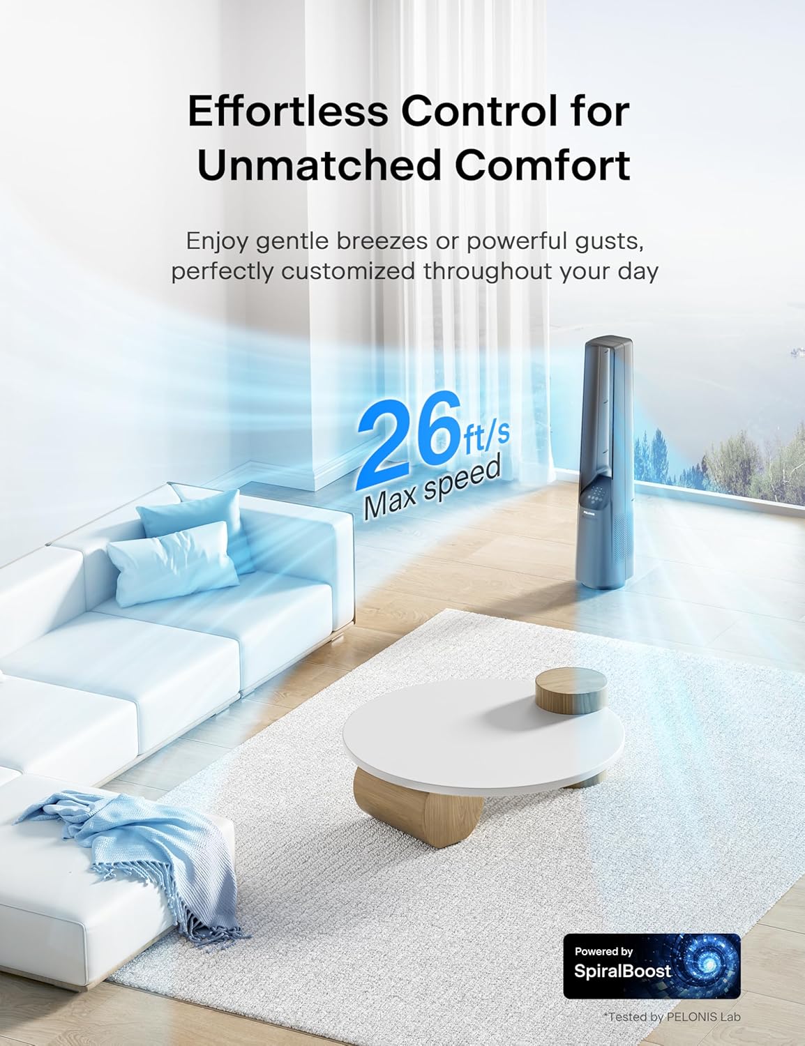 Pelonis Bladeless Tower Fan - Ultra-Quiet 22 dB, 6 Speeds, Remote Control, 90° Oscillation, 7-Hour Timer