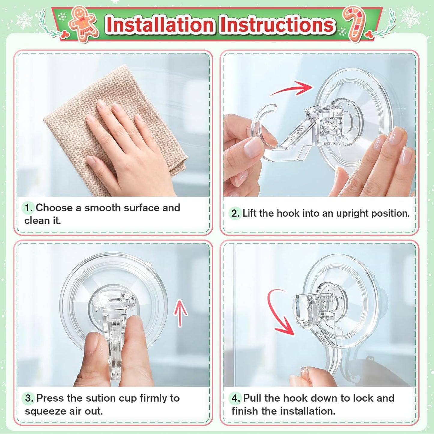 VIS'V Wreath Hanger - Heavy Duty Suction Cup Hooks | 22 LB Capacity, Removable & Reusable, Clear - 4 Pcs