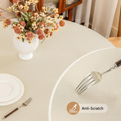 Textured Round Tablecloth - 60 Inch Beige, Water-Resistant Faux Linen for 2-4 Seat Dining Tables