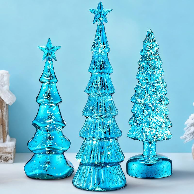Blue Classic 3-Pack Glass Christmas Trees with LED Lights
