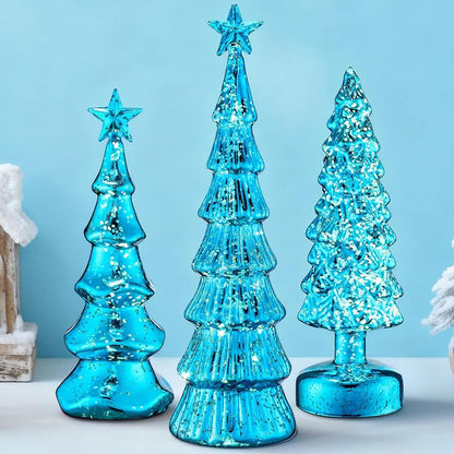 Blue Classic 3-Pack Glass Christmas Trees with LED Lights
