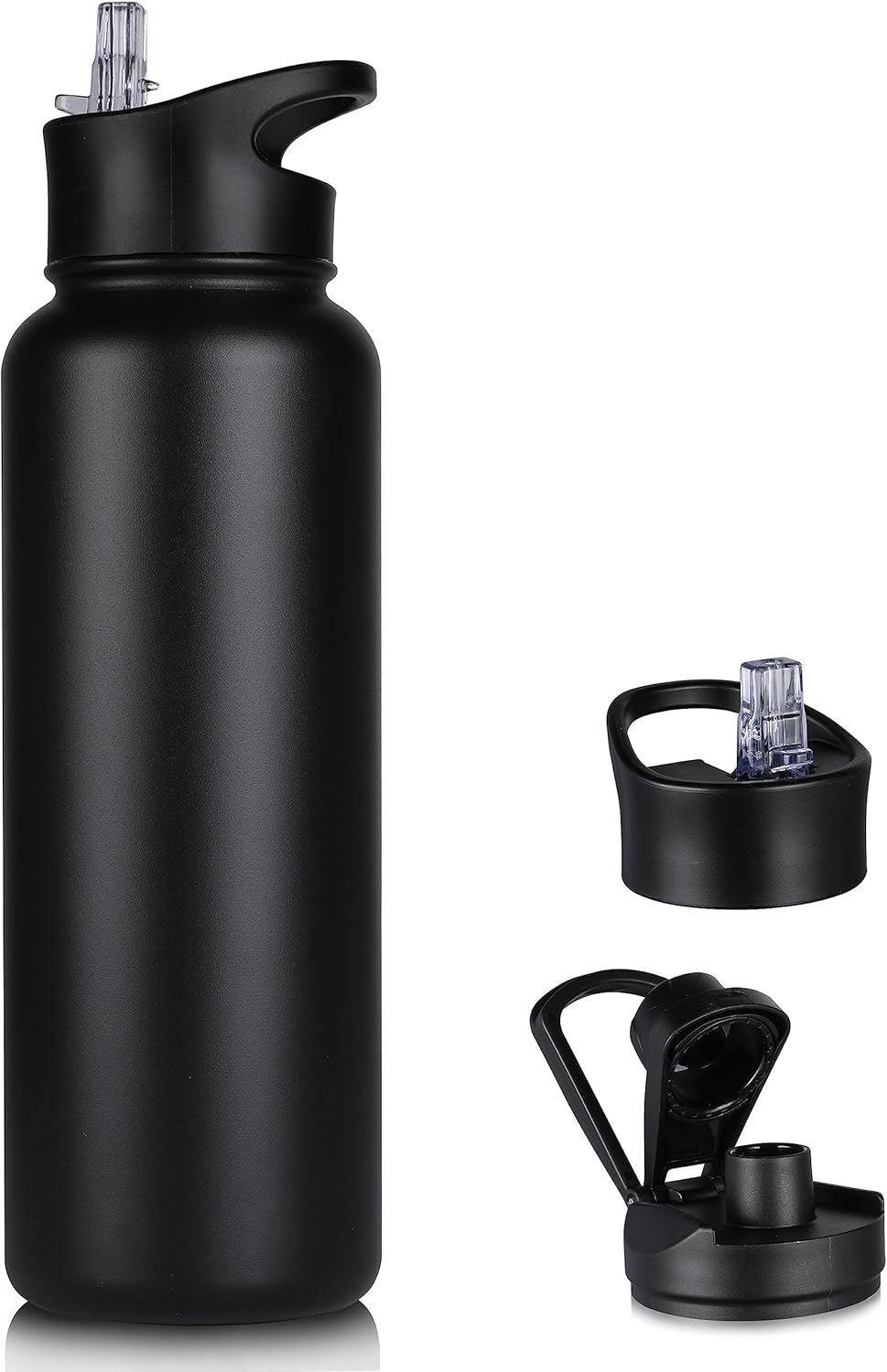Skiennix 40 Oz Insulated Water Bottle - Stainless Steel, Double Wall, Leakproof | Black with Straw & Wide Mouth Lid