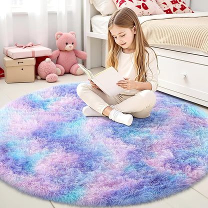 OLANLY Round Purple Rainbow Rug - Soft, Fluffy, Machine Washable 4x4 Feet Area Rug for Kids' Rooms | Home Decor