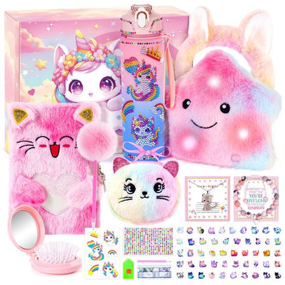 13PCS Unicorn Cat Toys Gifts for Girls 4-6 7 8 9 10 Years Old, Girls Birthday Gifts Set with Light Up Star Pillow DIY Water Bottle Kits, for Daughter Niece Christmas Birthday Baskets for Kids