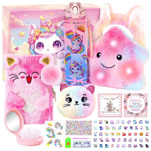 13PCS Unicorn Cat Toys Gifts for Girls 4-6 7 8 9 10 Years Old, Girls Birthday Gifts Set with Light Up Star Pillow DIY Water Bottle Kits, for Daughter Niece Christmas Birthday Baskets for Kids
