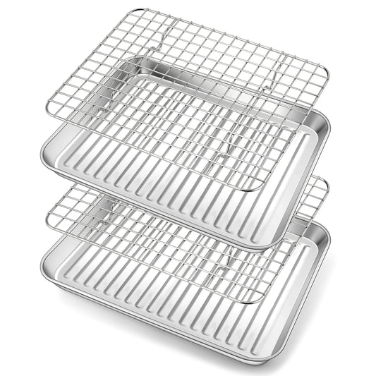 Small Stainless Steel Baking Sheet, E-far Toaster Oven Tray with Rack Set, Metal Textured Broiling Pan with Wire Rack for Cooking/Cooling/Bacon/Cookies/Steak - Dishwasher Safe