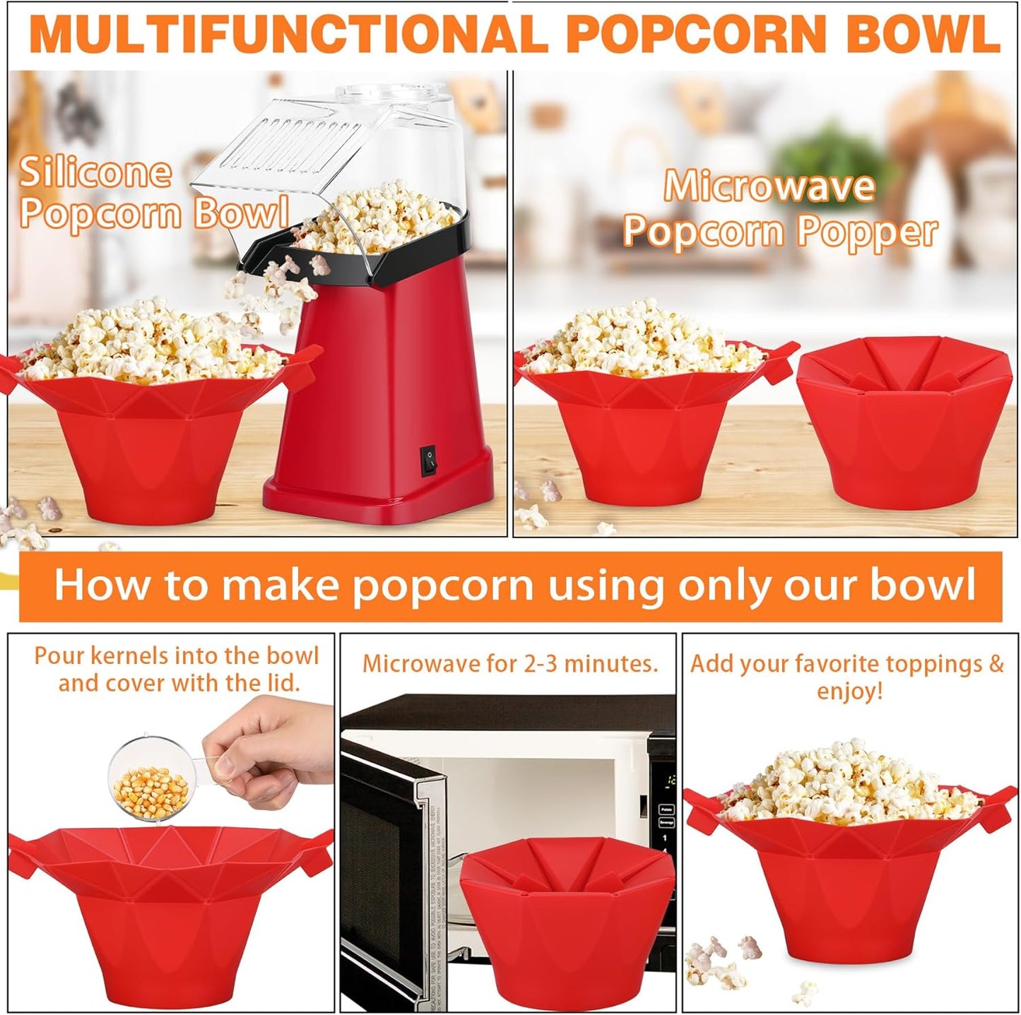 Skiennix Hot Air Popcorn Popper - Fast 1200W Machine with Bowl, Measuring Cup & Butter Tray | Perfect for Parties