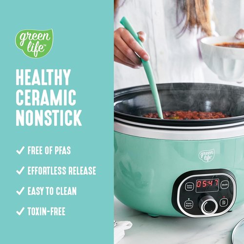 GreenLife 6QT Ceramic Slow Cooker - PFAS-Free Programmable Design with Removable Nonstick Pot - Turquoise