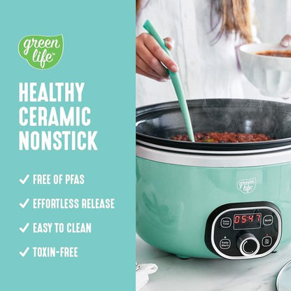 GreenLife 6QT Ceramic Slow Cooker - PFAS-Free Programmable Design with Removable Nonstick Pot - Turquoise