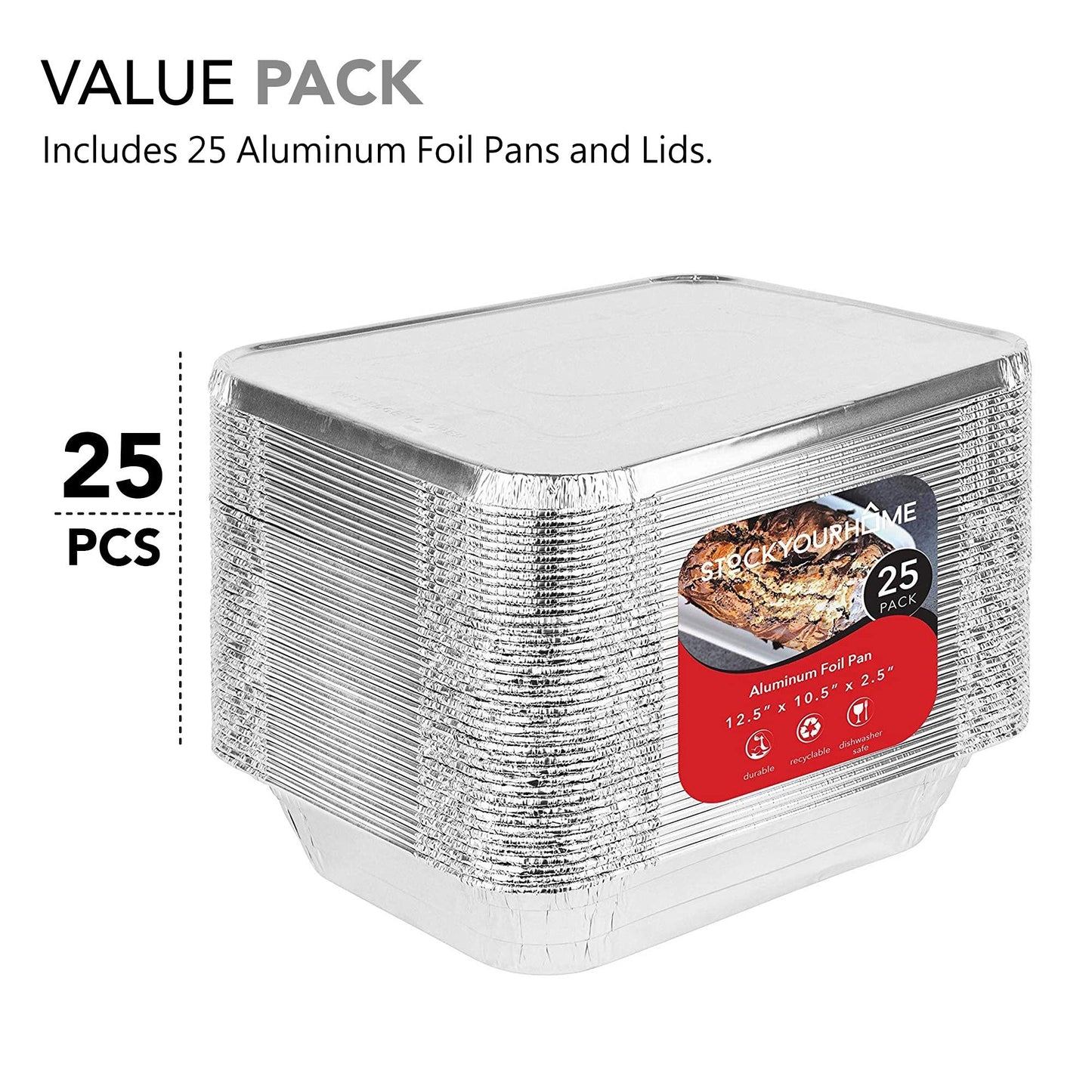 Foil Pans with Lids - 9x13 Aluminum Pans with Covers - 25 Foil Pans and 25 Foil Lids - Disposable Food Containers Great for Baking, Cooking, Heating, Storing, Prepping Food Silver