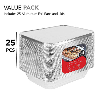 Foil Pans with Lids - 9x13 Aluminum Pans with Covers - 25 Foil Pans and 25 Foil Lids - Disposable Food Containers Great for Baking, Cooking, Heating, Storing, Prepping Food Silver