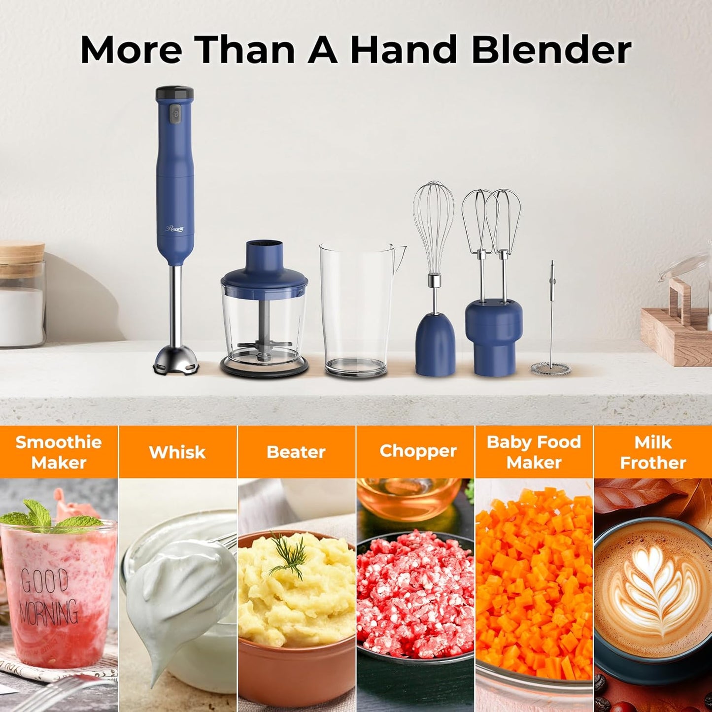 Rosewill 6-in-1 Cordless Immersion Hand Blender - Multi-Speed Heavy Duty Motor | Includes Beaker, Whisk, Chopper, Milk Frother - Perfect for Smoothies, Baby Food, Soup - Blue