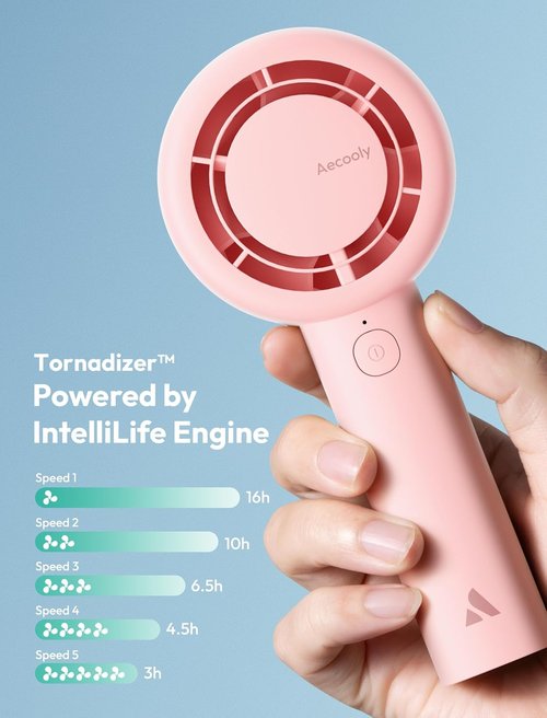Aecooly Portable Handheld Turbo Fan - 16H Max Cooling Time, 5 Speeds, USB Rechargeable | Pink Mini Fan for Travel, Home & Office