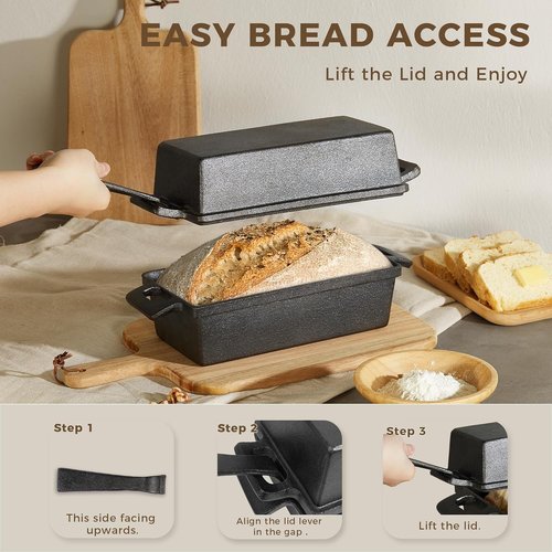 HONGBAKE Cast Iron Bread Pan - 2 in 1 with Lid & Lever | Pre-Seasoned Nonstick 9x5 Sourdough Loaf Pan