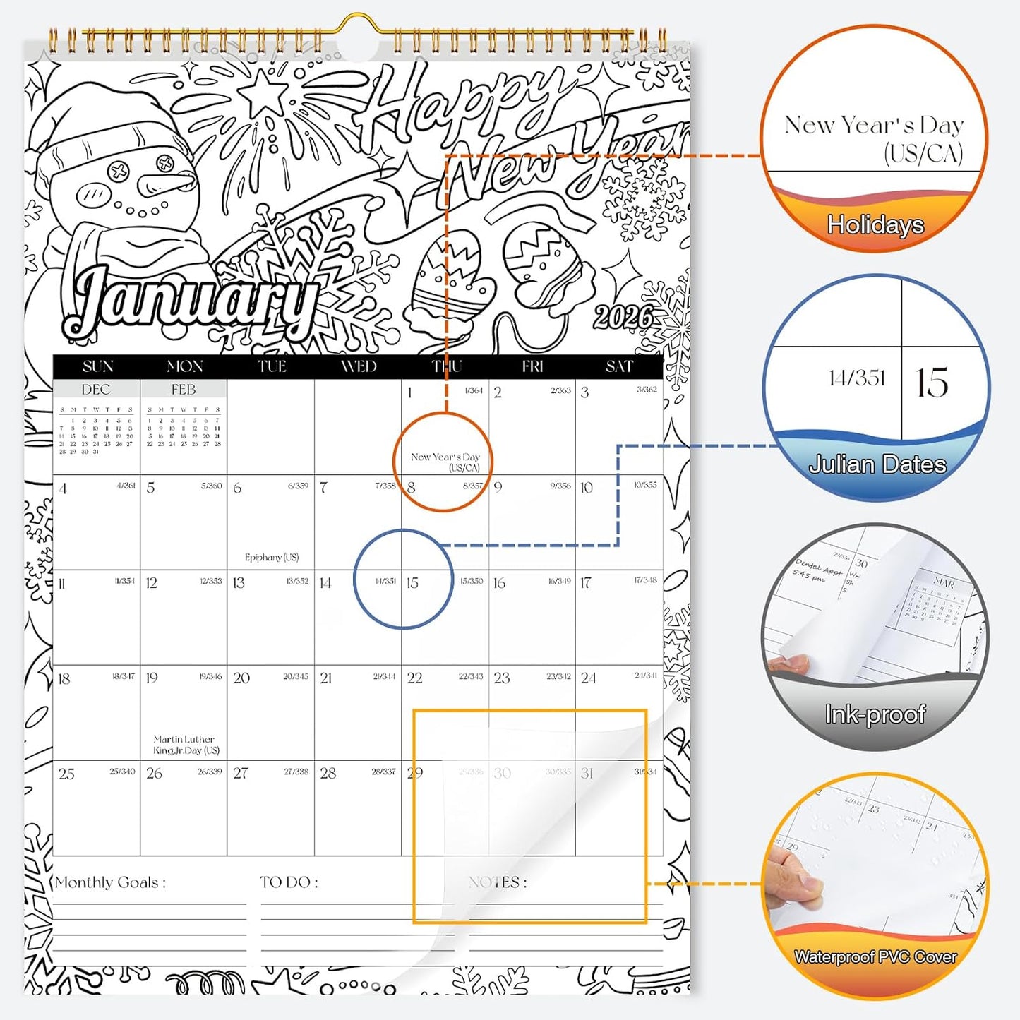 Ospelelf 2026 Family Coloring Wall Calendar - 12'' x 17'' Monthly Planner with Plastic Cover | 18 Months, Jan 2026 - June 2027