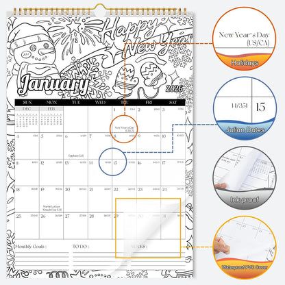 Ospelelf 2026 Family Coloring Wall Calendar - 12'' x 17'' Monthly Planner with Plastic Cover | 18 Months, Jan 2026 - June 2027