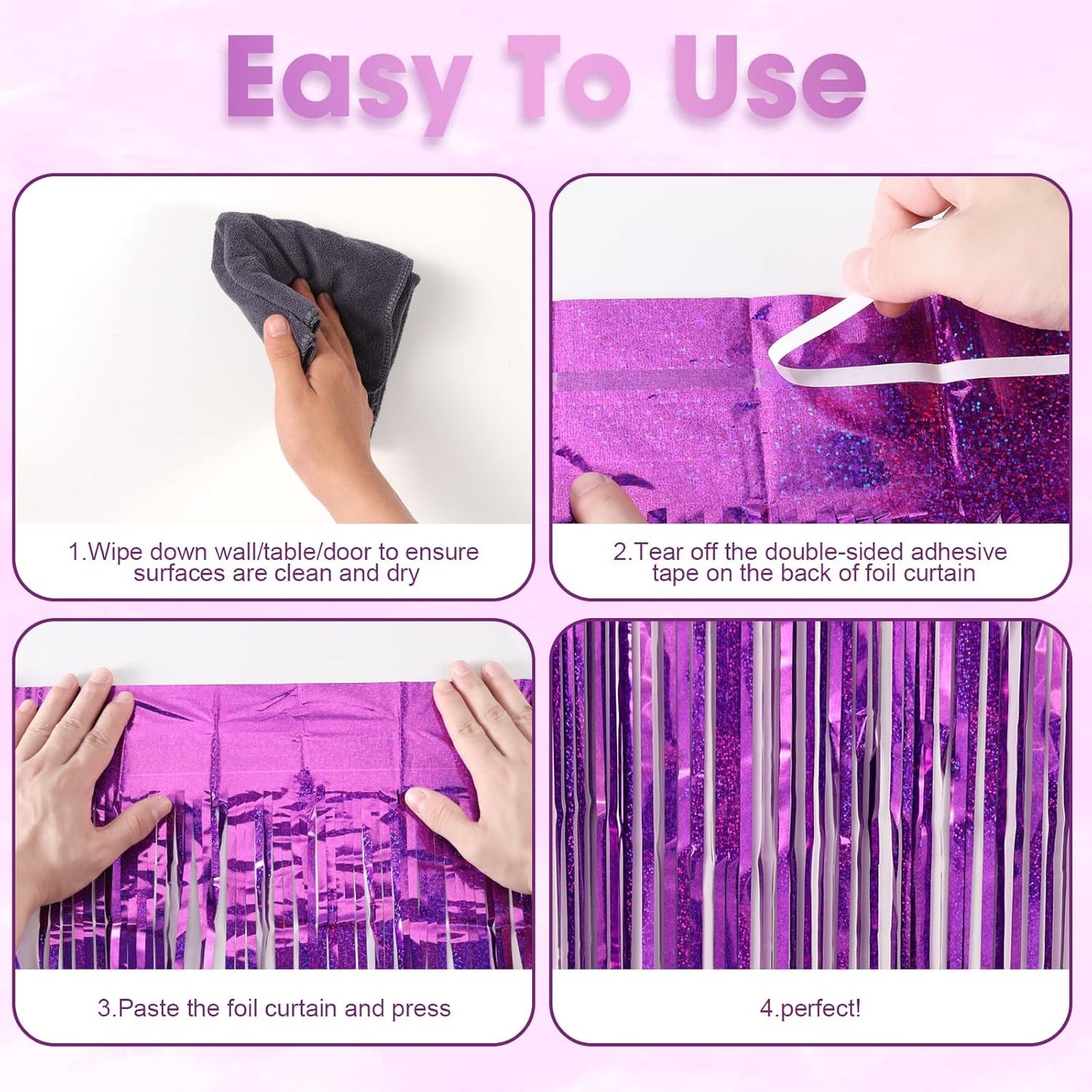 Voircoloria Laser Purple Foil Fringe Backdrop Curtains - 3 Pack Tinsel Streamers for Parties & Events