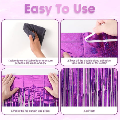Voircoloria Laser Purple Foil Fringe Backdrop Curtains - 3 Pack Tinsel Streamers for Parties & Events