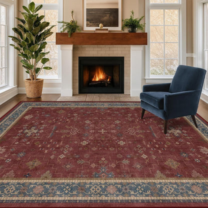 Vintage Burgundy Boho Dining Room Rug - Lightweight Washable 6x9 Low Pile Carpet | Southwestern Aesthetic