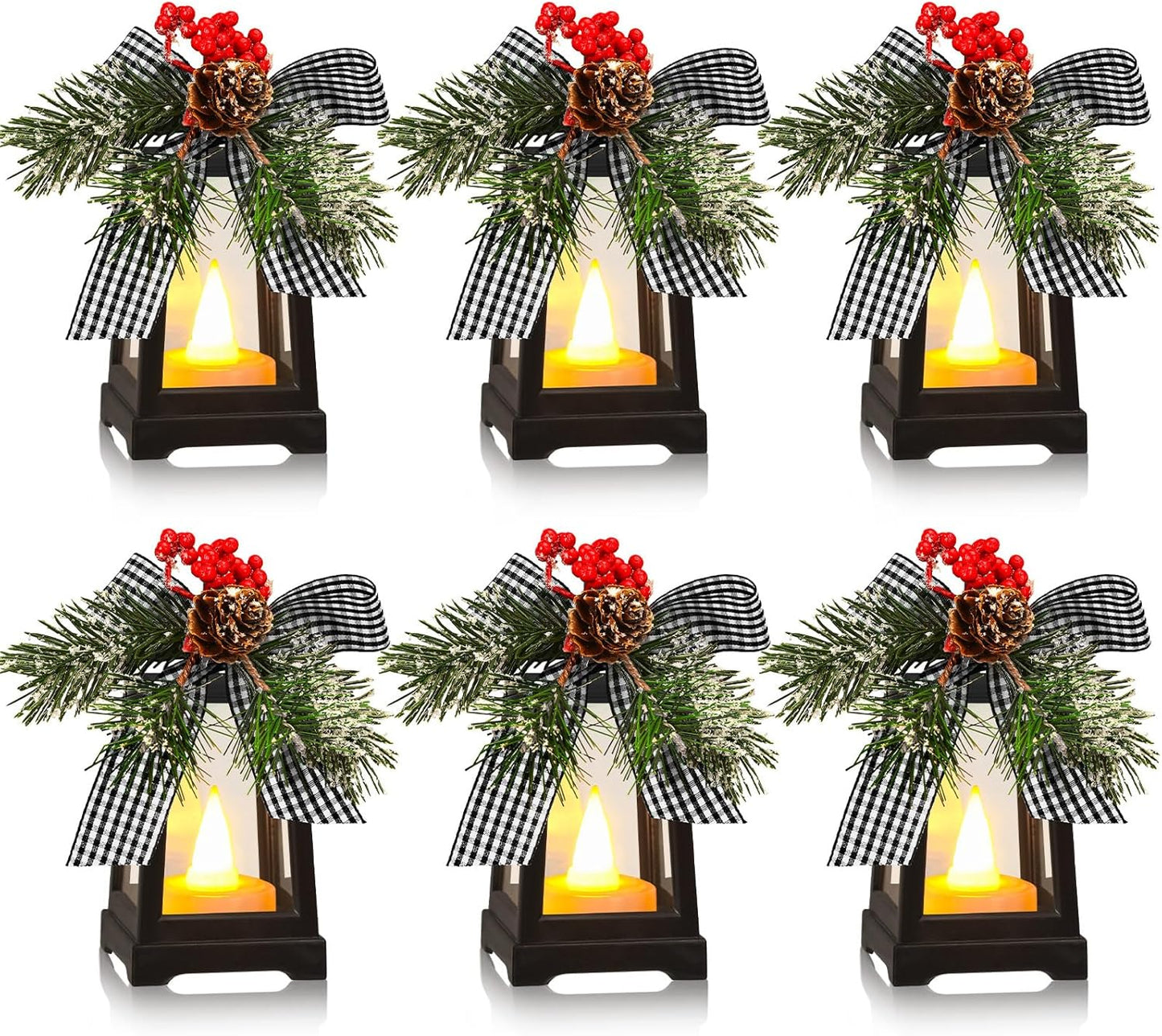 Regine Switzerland Set of 6 Christmas Mini Lanterns - Flickering LED Flameless Candle Decor | Black and White Bow