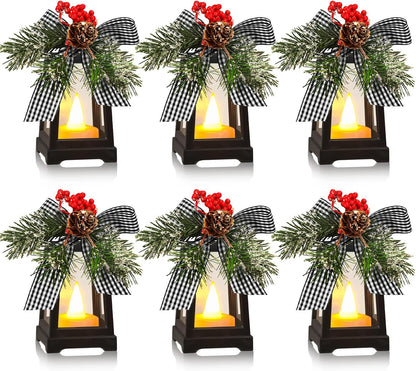 Regine Switzerland Set of 6 Christmas Mini Lanterns - Flickering LED Flameless Candle Decor | Black and White Bow