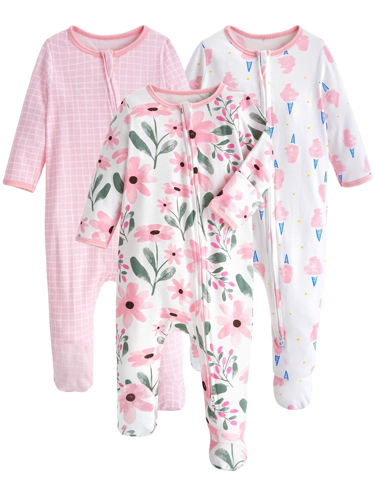 Yoofoss Baby Pajamas 100% Organic Cotton Baby Sleepers for 0-3 Months Boys Girls Clothes, 3-Pack Soft infant Toddler Footed PJs with Mitten Cuffs, Zipper Footies Pajamas