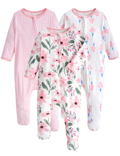 Yoofoss Baby Pajamas 100% Organic Cotton Baby Sleepers for 0-3 Months Boys Girls Clothes, 3-Pack Soft infant Toddler Footed PJs with Mitten Cuffs, Zipper Footies Pajamas