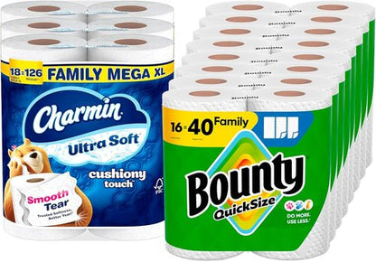 Bounty Quick-Size Paper Towels - 16 Family Rolls | Charmin Ultra Soft Toilet Paper - 18 Mega XL Rolls