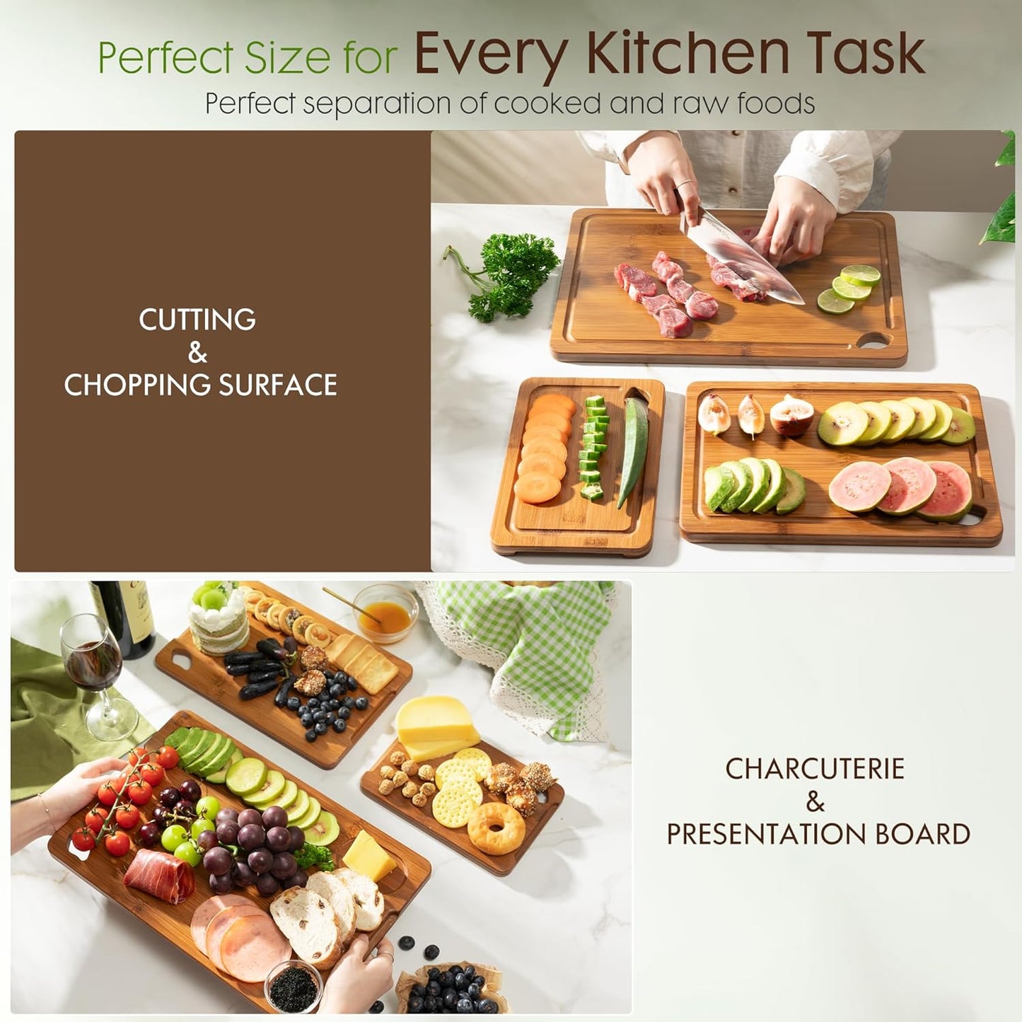 Astercook Bamboo Cutting Boards - Deep-Carbonized, Reversible Design with Juice Grooves & Easy-Grip Handles | Kitchen Gift