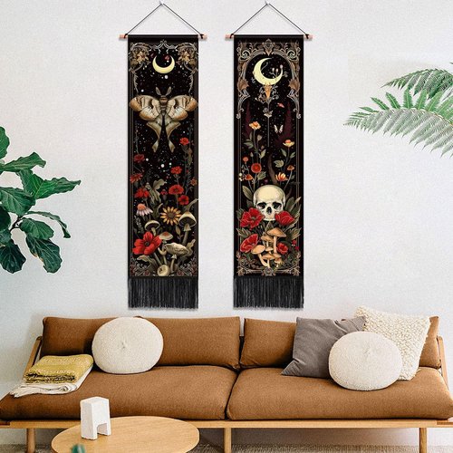 ARTCREATOR Gothic Wall Tapestry - Witchy Moth & Moon Design | Retro Floral Bedroom Decor (12.8 x 51.2 in)