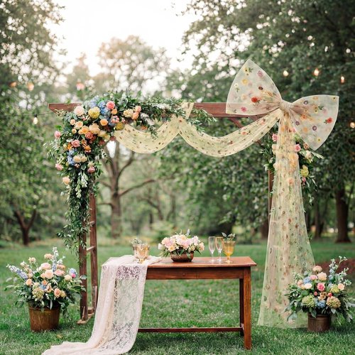 Canlierr Extra Large Floral Tulle Bow Decorations - 39 x 59 Inch Champagne Organza Bow for Spring Weddings & Room Decor
