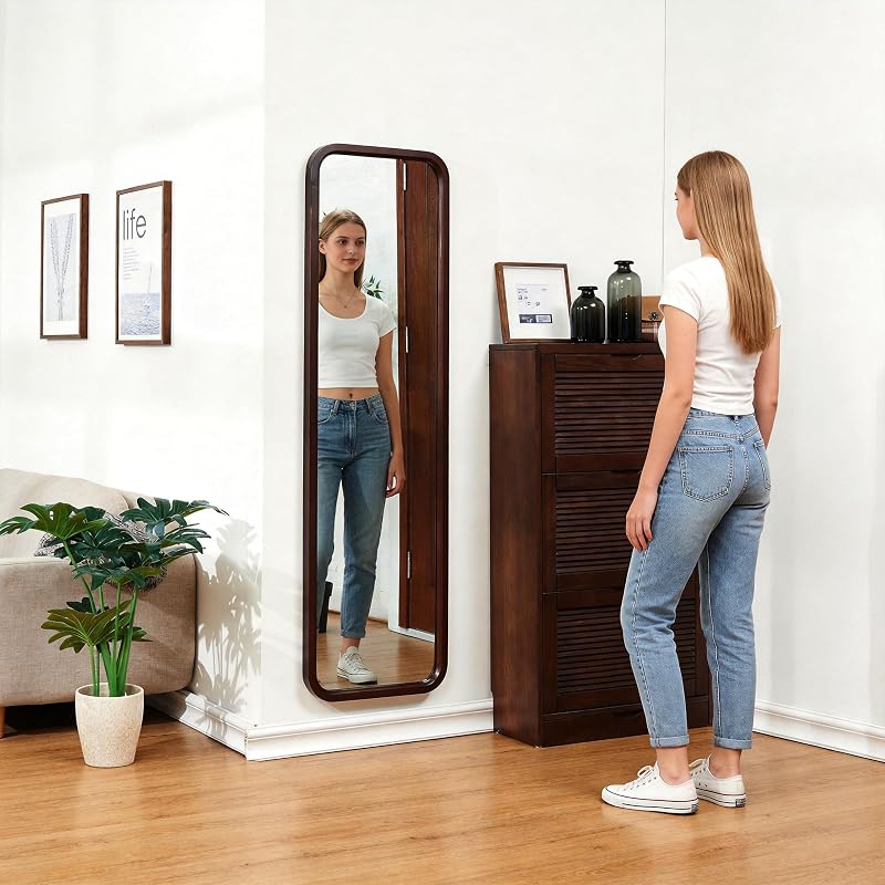 Brown 63" x 18" Wood Full-Length Mirror – Freestanding Floor Mirror with Stand